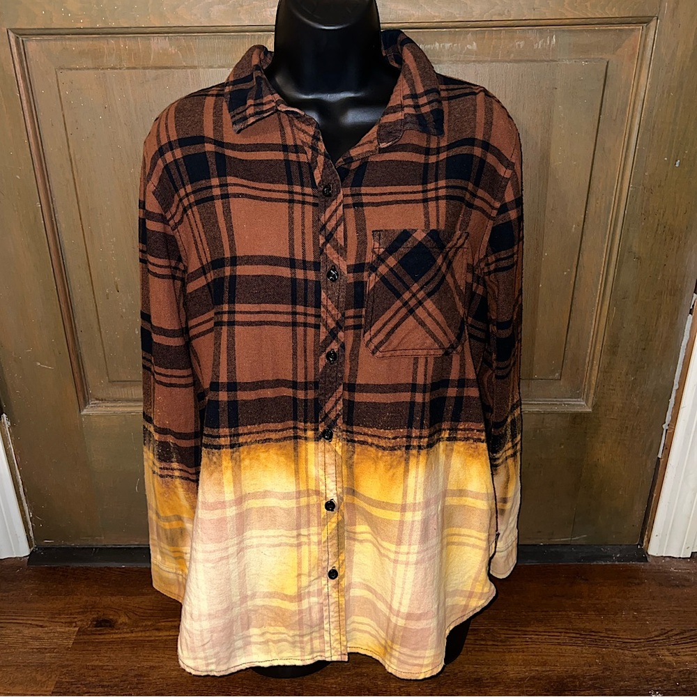 GAP Brown & Black Stripe Cream Ombre Button Up Flannel Long Sleeve Shirt Size L - Picture 2 of 13